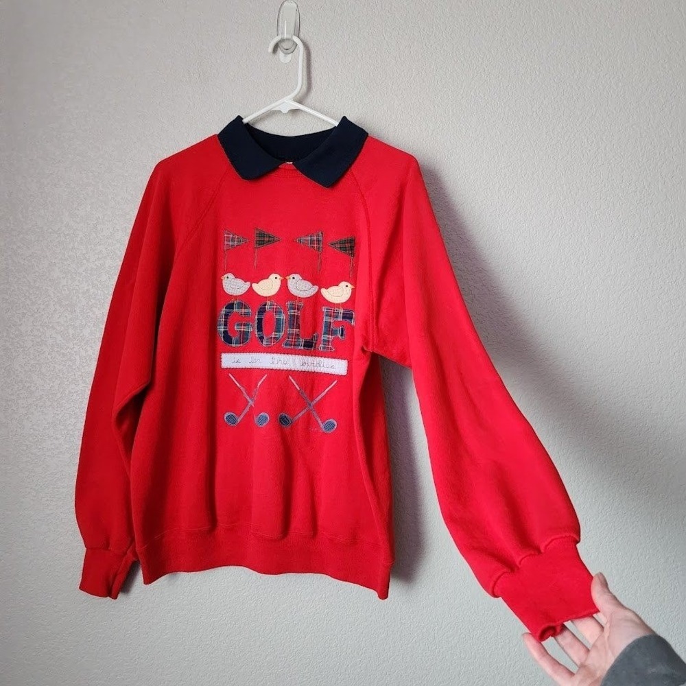 VALORIE SOCKWELL Folk Art Golf Appliqué‎ Collared Sweatshirt Preppy VTG 90's L - Picture 7 of 10